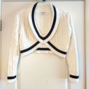 Cropped Shawl Collar Cableknit Sweater Ivory M Preppy Tennis Academia Y2K